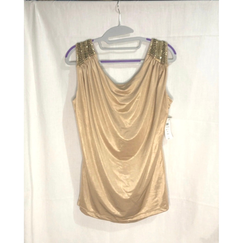 Cache Cowl Neck Draped Back Sequin Top Large Gold